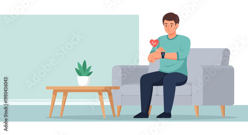 Man checking heart rate on smartwatch while sitting on sofa at home