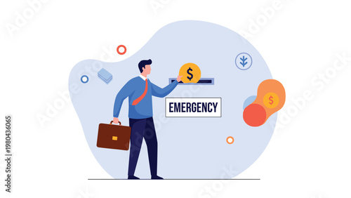 Professional businessman putting gold coin into emergency fund saving slot for financial security and unexpected expenses.