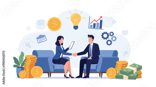 Successful business agreement and partnership concept showing a man and woman shaking hands in an office surrounded by piles of gold and cash.
