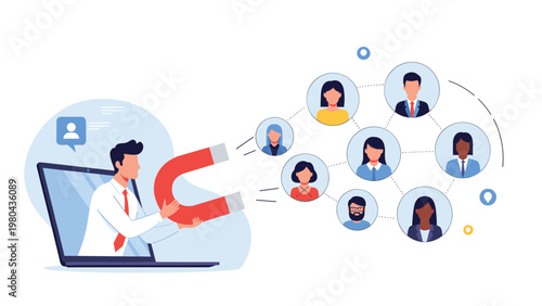 Man emerging from laptop screen using large magnet to attract diverse group of people for online recruitment and networking.