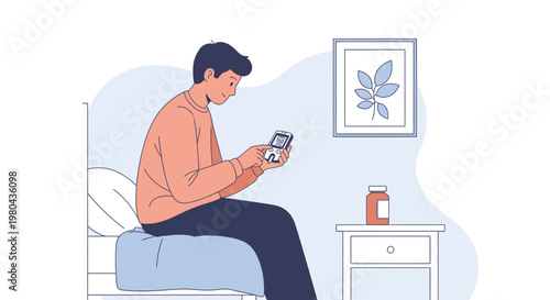 Man checks glucose meter sitting on bed, diabetes management at home