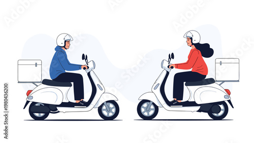 Male and female delivery riders on white scooters traveling in opposite directions for logistics and transport services.