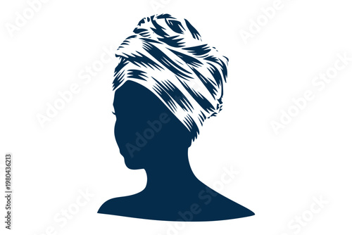 Silhouette of woman wearing patterned headscarf in blue and white