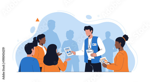 Man distributing flyers to diverse group of people, community event, information sharing