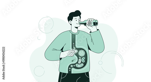 Man drinking from bottle, stomach with microbes and bacteria illustration