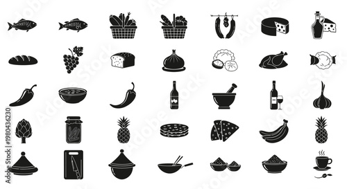 Black food and drink icons on white.
