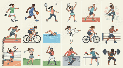Sports people character set with running, cycling, swimming, tennis, golf, yoga and gym exercise scenes in dynamic flat vector illustration