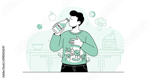 Man drinking kefir for gut health, probiotics, healthy digestion, and organic lifestyle
