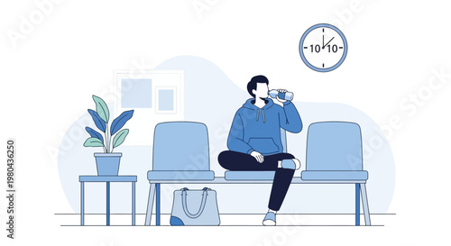 Man drinking water while waiting in a waiting room, clock on wall