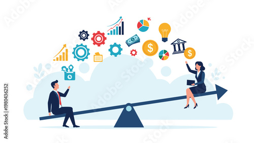 Businessman and businesswoman balancing on see-saw arrow with diverse business icons for teamwork and work-life balance.
