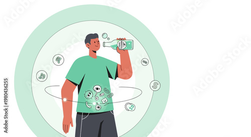 Man drinking probiotic beverage, healthy gut microbiome with beneficial bacteria and icons