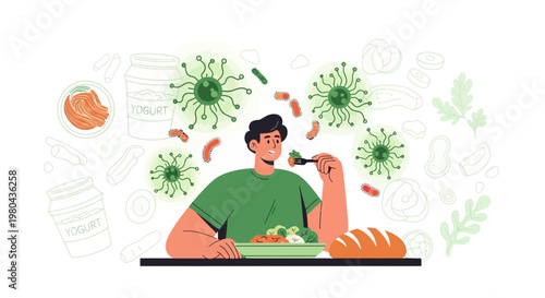 Man Eating Healthy Food Surrounded by Microbes and Probiotics