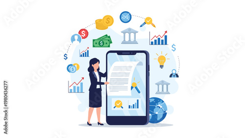 Professional woman standing next to large smartphone with digital contract surrounded by financial and bank icons.