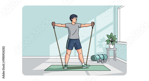 Man exercising with resistance band at home, full body workout, fitness and healthy lifestyle