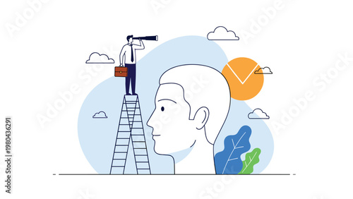 Businessman with telescope on ladder observing giant human head for psychological research and consumer insight.