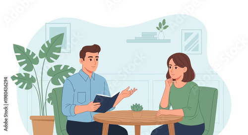 Man Explaining Book to Woman Sitting at Cafe Table with Plants