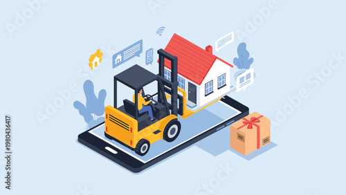 Yellow forklift carrying house model onto large smartphone screen for mobile real estate and digital property market.