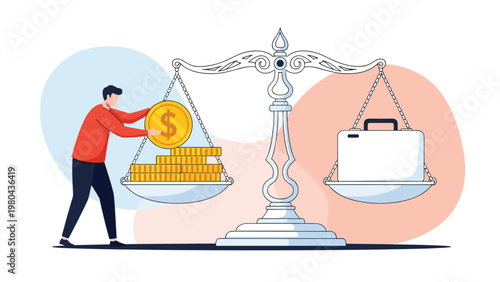 Businessman putting gold coins on weight scale to balance with white briefcase for business valuation and investment.