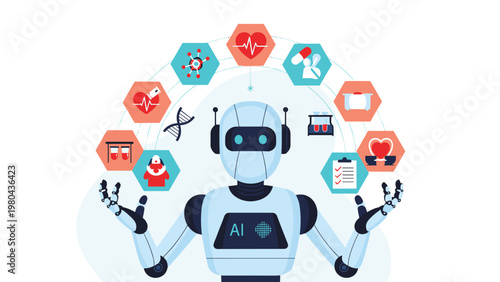 Humanoid robot stands at the center of a circular arrangement featuring various medical and healthcare icons for artificial intelligence.
