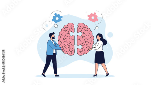 Collaborative team of a man and a woman work together to assemble two pieces of a giant human brain puzzle for mental health awareness.