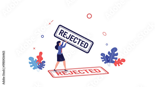 Businesswoman in professional attire carries a large rectangular stamp with the word rejected written in bold blue capital letters.