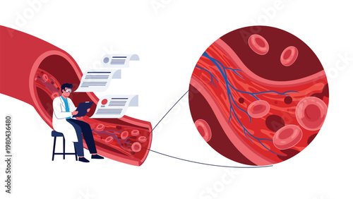 Medical doctor sits inside a large anatomical illustration of a blood vessel examining red blood cells and microscopic vein structures.