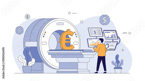 Healthcare professional monitors medical data on multiple computer screens while standing next to a large diagnostic machine with a euro.