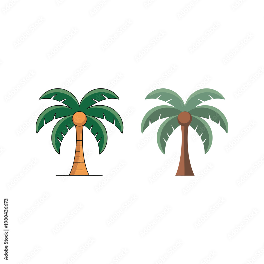 Obraz premium Tropical palm tree icons, summer beach festival poster, travel expo branding, island vacation theme, paradise resort flyer, vector illustration elements