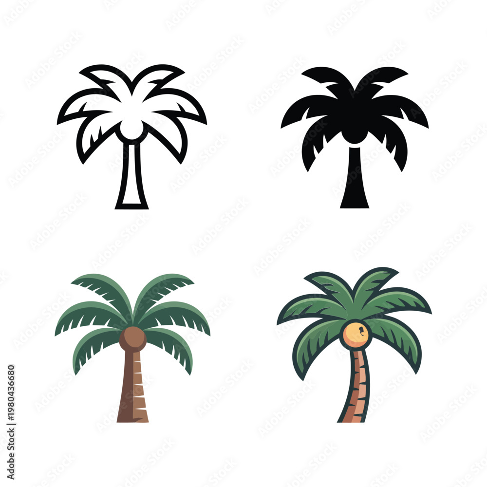 Fototapeta premium Palm trees tropical icons set with silhouettes and color fronds for beach party, summer travel poster, resort branding, vacation blog graphics