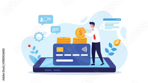 Digital mobile banking and online payment concept with professional man depositing large gold coin into credit card on smartphone.