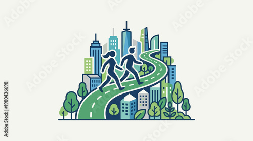 Couple Walking on Road Through a Cityscape