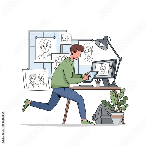 Illustration of a stressed male graphic designer rushing while using a digital tablet at a desk, featuring a computer monitor, character sketches on the wall, and studio office items.