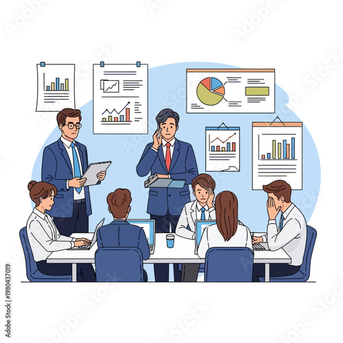 Vector illustration of corporate team members feeling stressed during a meeting in an office with data charts on the wall, showing worried expressions and business fatigue.