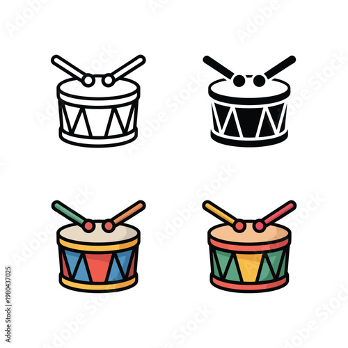 Colorful toy drums with crossed sticks icons, percussion instrument graphics for birthday party, kindergarten music class, festival promotion materials