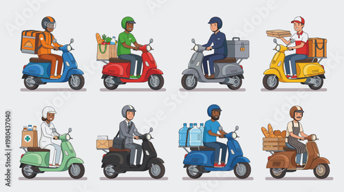 Scooter courier delivery set with riders transporting parcels, groceries and food boxes on colorful motor scooters in flat vector style