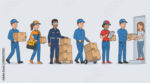 Courier delivery worker character set with parcel handling, box carrying, hand truck transport and customer package service in flat vector style