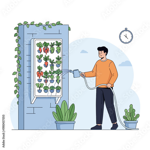 Vector illustration of a man watering a vertical vegetable garden mounted on a wall. The urban gardening setup includes radishes and leafy greens being hydrated with a hose and spray nozzle.