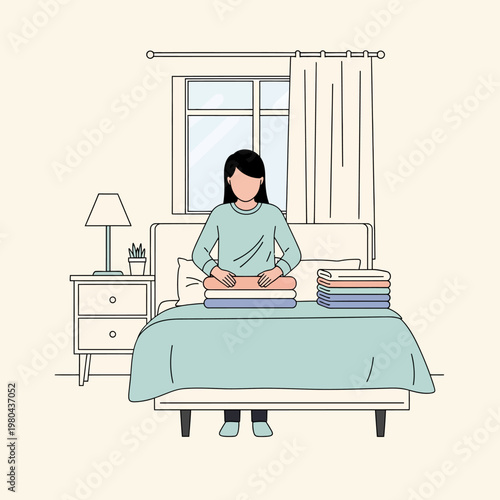 Minimalist vector illustration of a faceless woman folding clothes on a bed in a tidy bedroom with stacks of laundry, a nightstand, lamp, window, and curtain in a simple room.