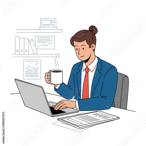 Vector illustration of a male businessman with a man bun wearing a blue suit and red tie, typing on a laptop while holding a steaming cup of coffee at an office desk with papers.