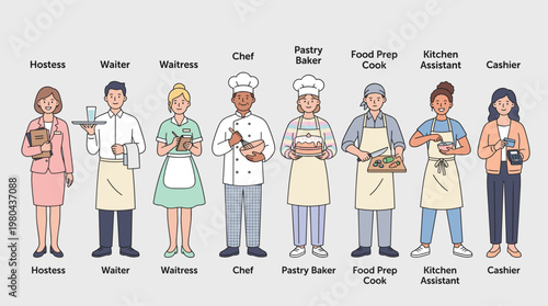 Restaurant and kitchen staff character set with hostess, waiter, waitress, chef, pastry chef, food prep cook and cashier in flat vector style