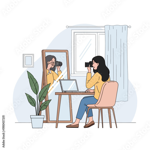 Vector illustration of a young woman sitting at a desk with a laptop, using a professional camera to take a photo of her reflection in a large floor mirror in a home office room.