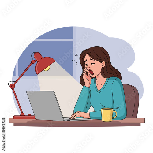 A tired young woman yawning while working late at her desk with a laptop and a red lamp in a flat vector illustration style, showing fatigue and burnout during a night shift.