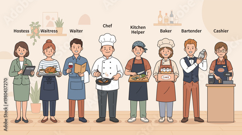 Restaurant staff character set with hostess, waitress, waiter, chef, baker, barista and cashier in flat vector style isolated on white background