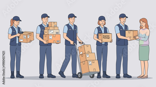 Delivery courier character set with parcel handling, box carrying, hand truck transport and customer package service in clean flat vector style