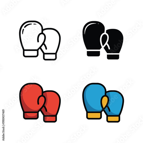 Boxing gloves icons set, martial arts tournament, sparring clinic workshop, ring fight promotion, fitness expo branding, vector sports illustration
