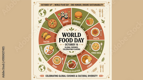 World Food Day poster design with circular food icons, fruits, vegetables, pizza and burger on beige background for awareness event promotion