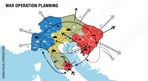 War Operation Planning Strategy Map Vector, Military Tactical Infographic with Unit Icons and Attack Routes