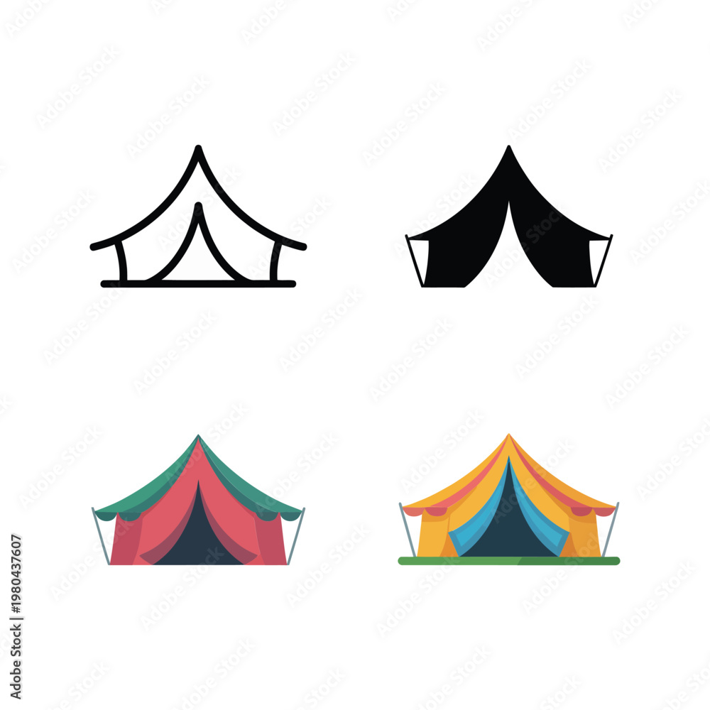 Obraz premium Event canopy tent icons set with outline, solid and colorful styles, festival shelter graphics for fairgrounds, market stalls, outdoor events