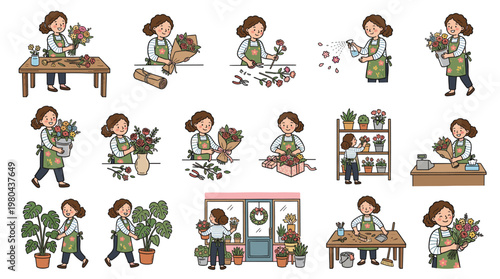 Florist girl character collection with bouquet arranging, watering plants, flower shop work and home gardening scenes in cute flat vector style