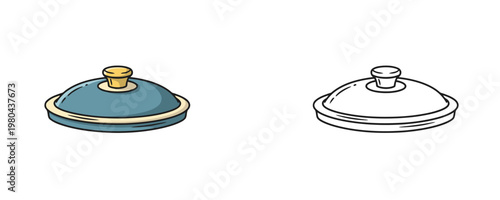Kitchen pan or pot lid colored illustration and black line art objects represent cooking equipment for heat retention on a white background without any texture